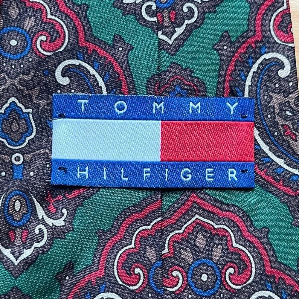 Vintage Tommy Hilfiger Italian 100% Silk Green and Red Necktie Made in USA